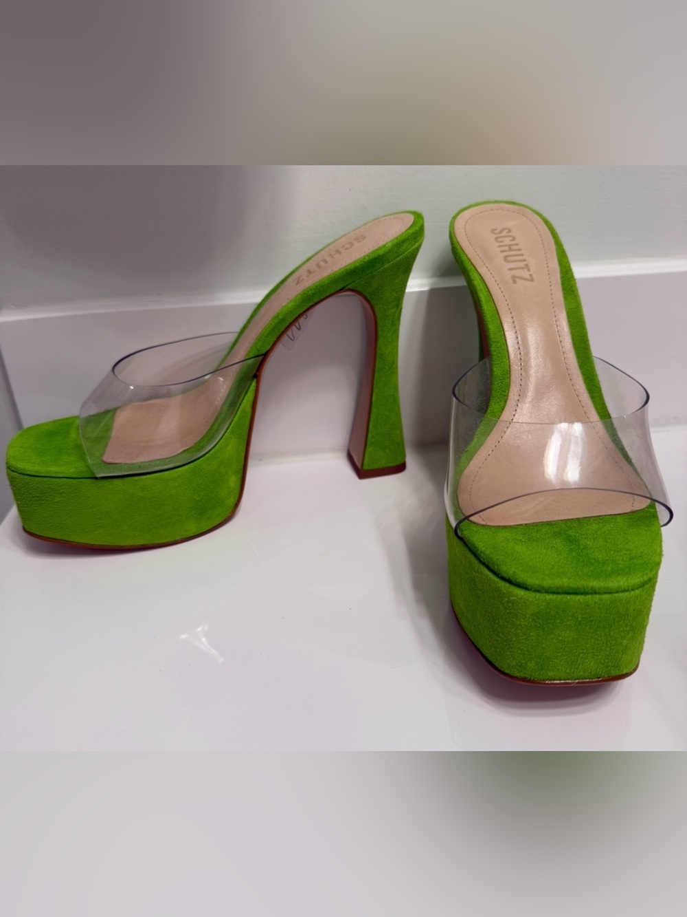 SCHUTZ Haila Green Suede Vinyl Platform Heels 7.5 NWT